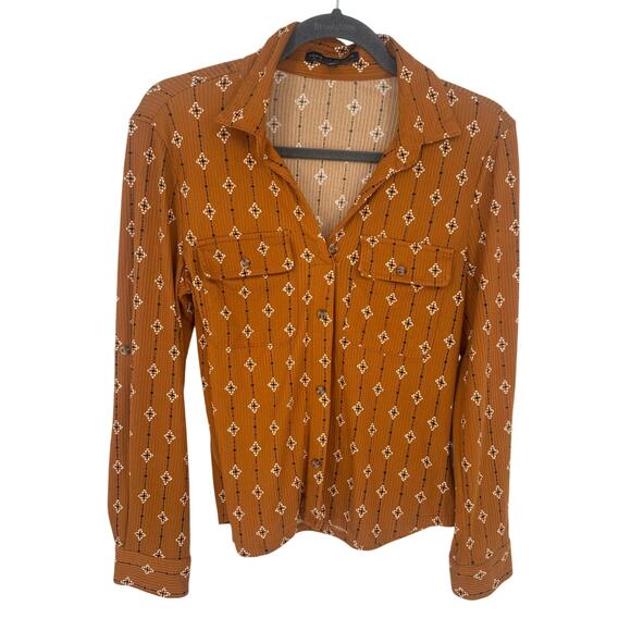 Adrienne Vittadini Brown Geometric Print Button-Up Top Workwear Office Stretch S - Picture 1 of 10